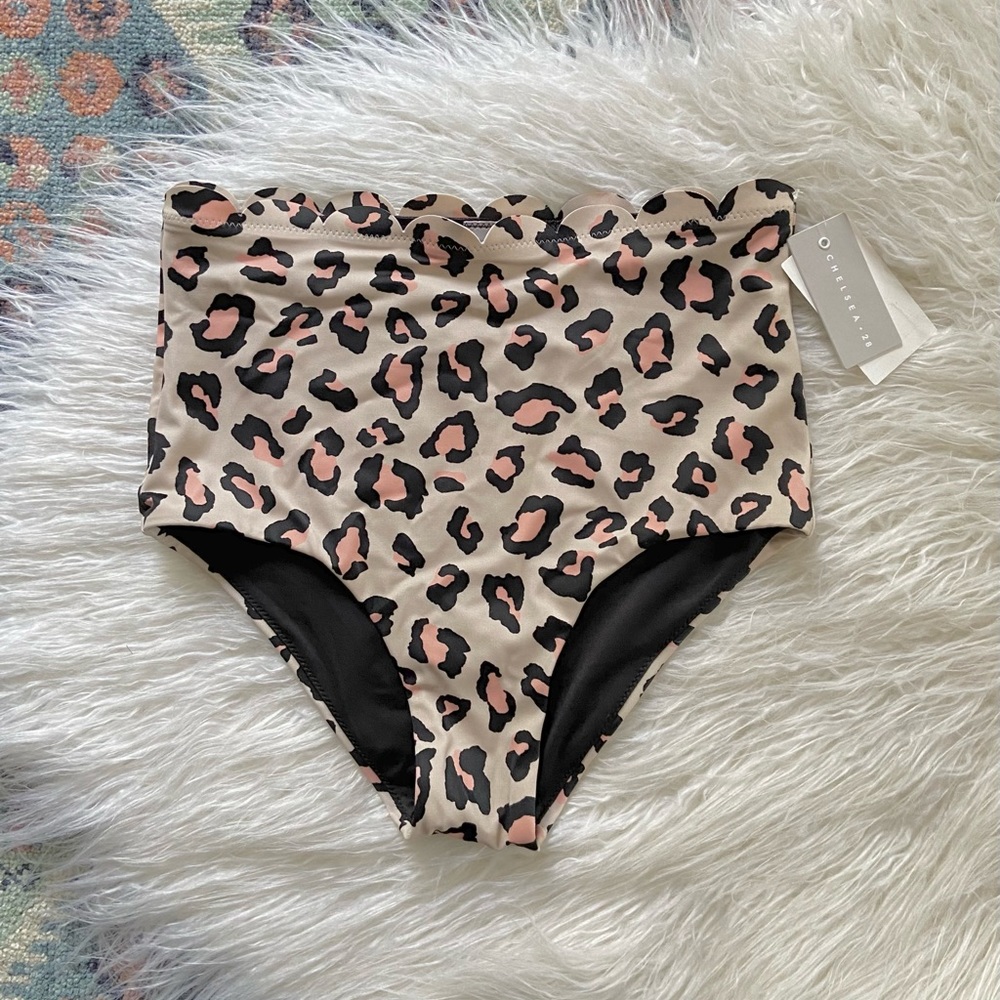 Chelsea28 leopard bikini bottoms Scallop High Waist full coverage beach swim XS